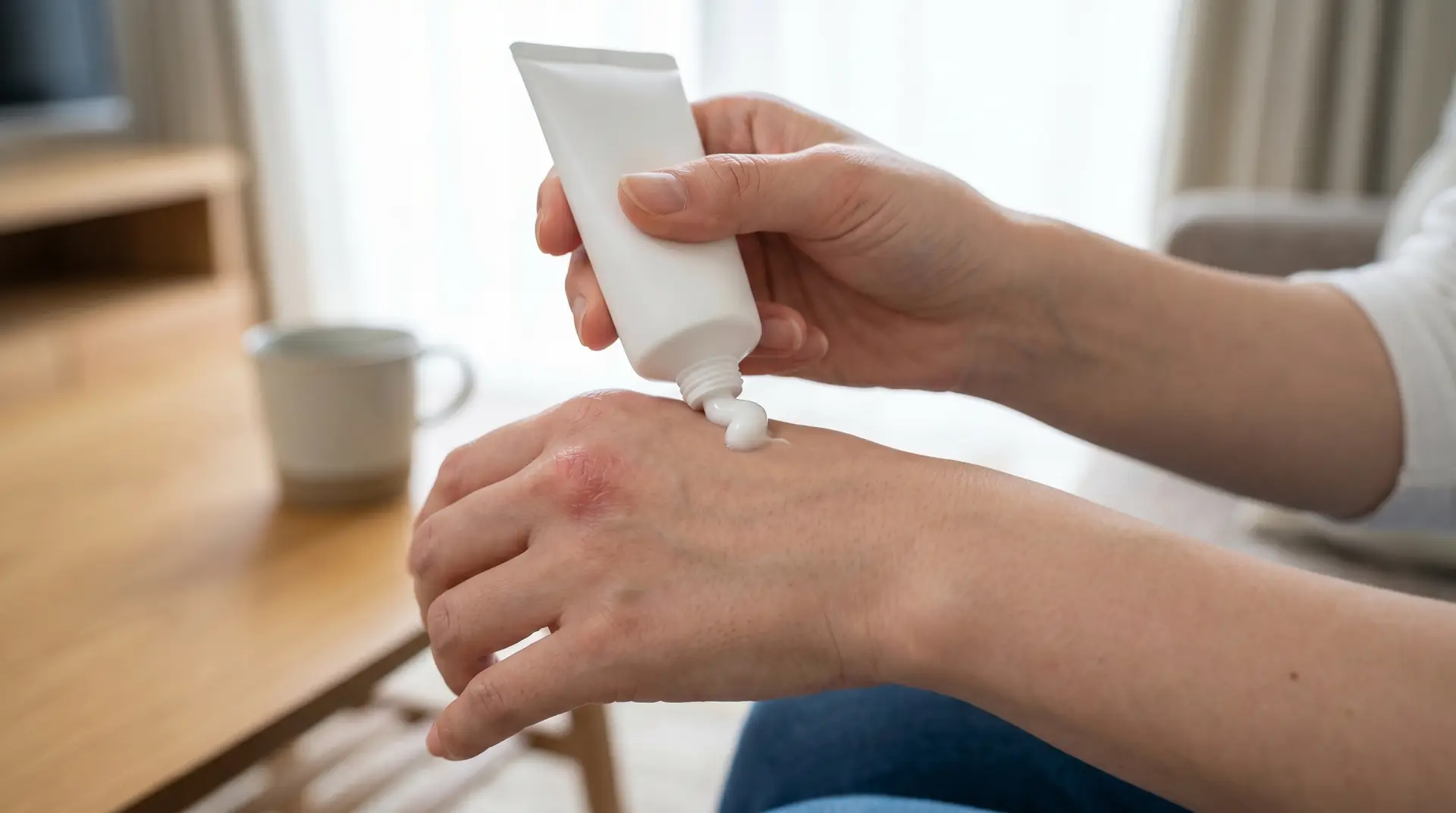 Applying lotion to dry chapped hands for eczema and dry skin care