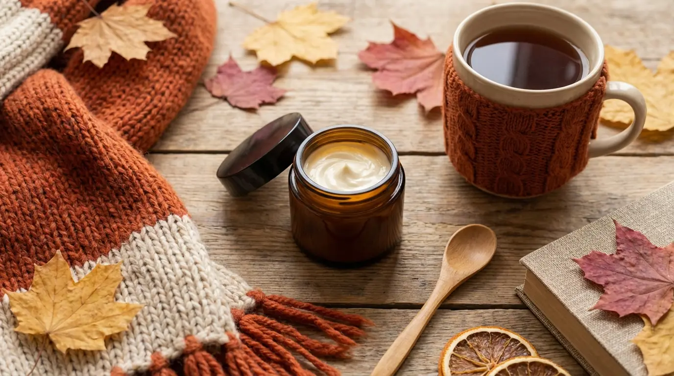 Moisturizer jar surrounded by autumn leaves and a cozy scarf for fall skincare transition