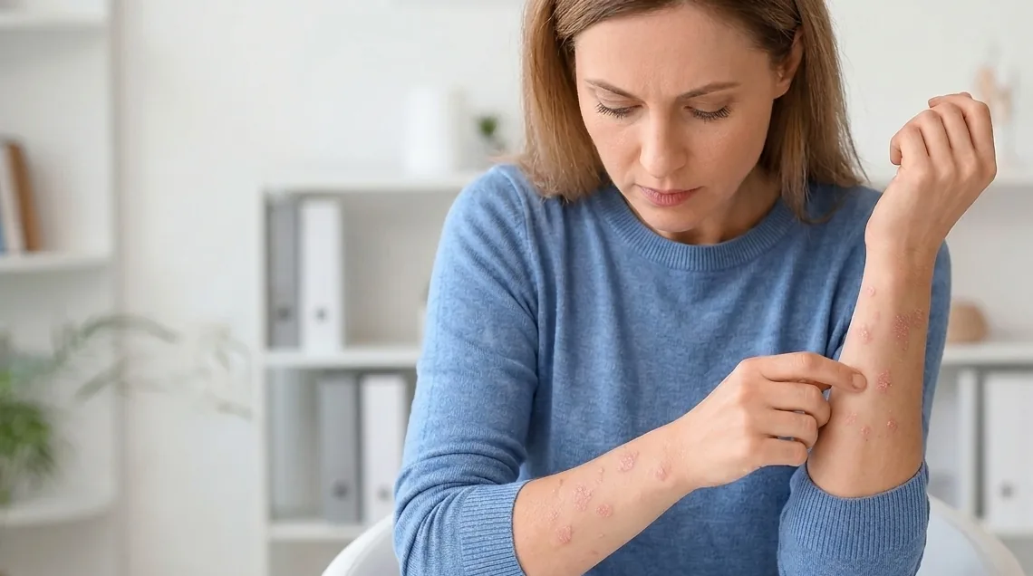 Person examining an itchy rash on their forearm before a dermatology visit in Tampa
