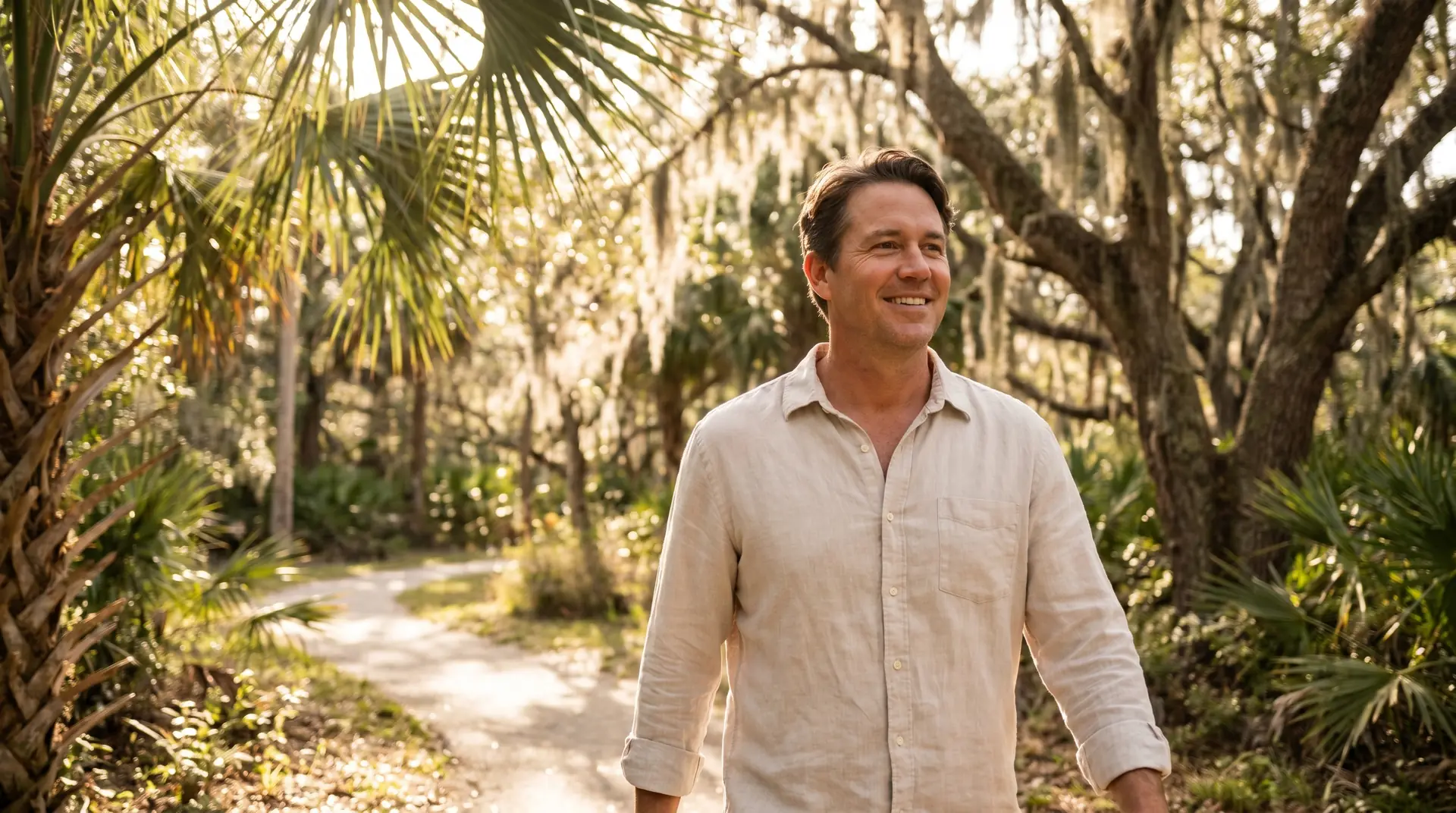 Confident adult walking outdoors in a sunlit Florida park, illustrating comfortable skin during psoriasis management