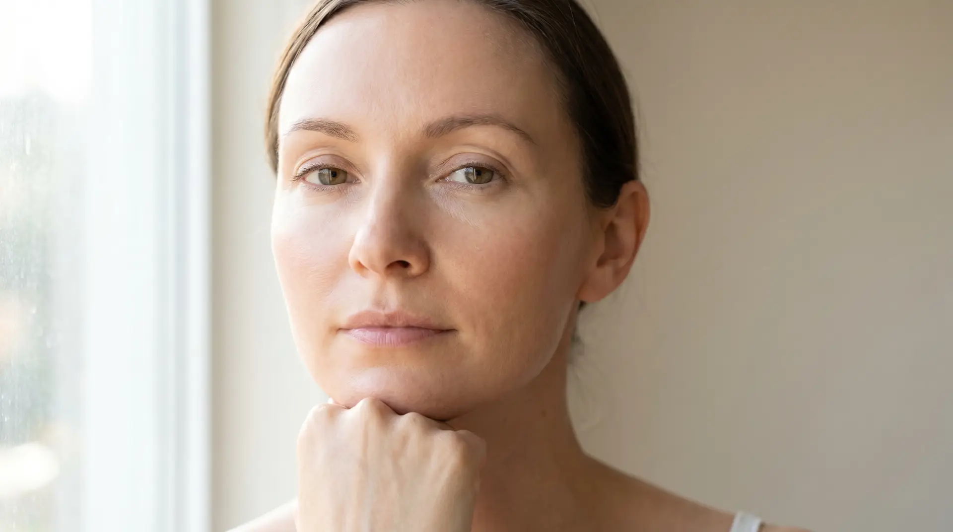 Woman with calm clear skin resting chin on her hand in soft window light