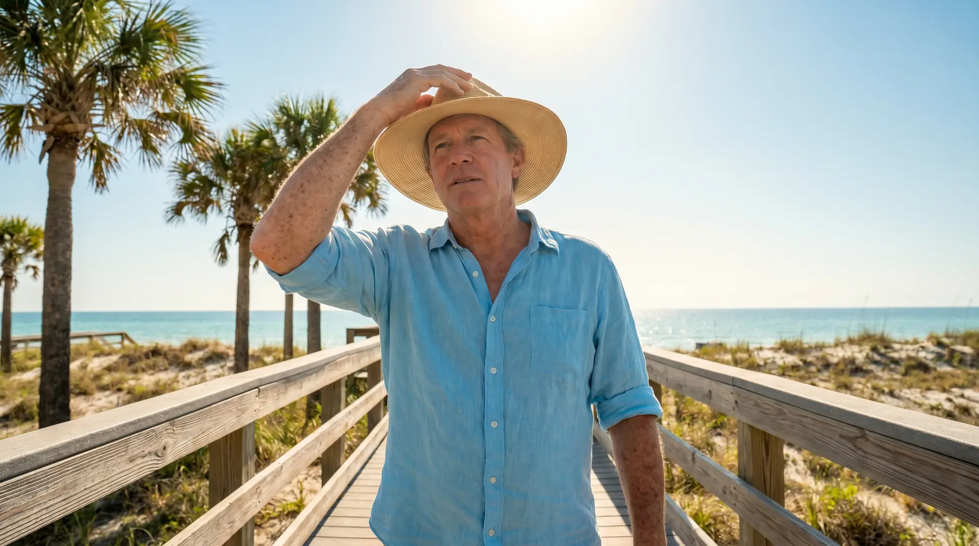 Sun-smart Florida man with wide-brimmed hat on Gulf Coast beach boardwalk